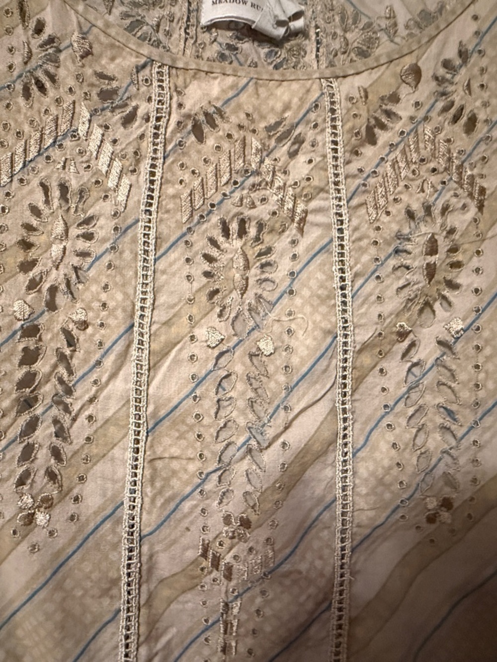 Meadow Rue Cream Top with Gold Embroidery and Light Blue Stripes